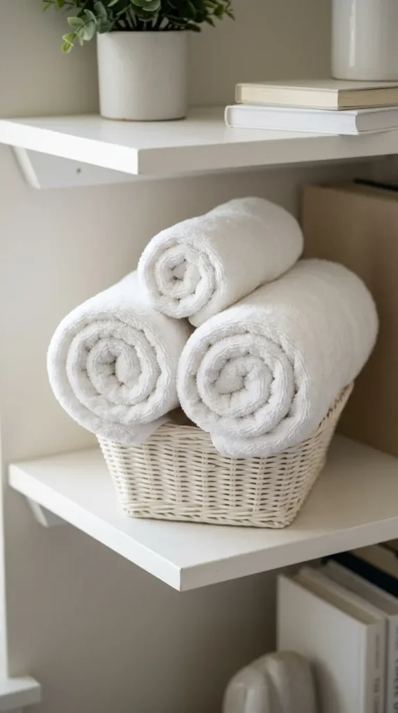 24 Dorm Bedding Ideas Clean White Minimal Luxe Hotel Style 10 10. The Tightly Rolled Bath Towel Display — Spa Shelf Presentation