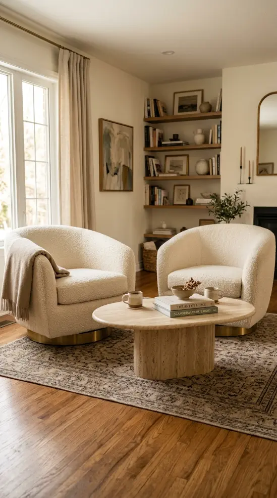 13 Comfy Reading Chair Oversized Cream Swivel Plush Living Room 10 10. Two Cream Swivel Chairs Facing Each Other Across a Low Coffee Table