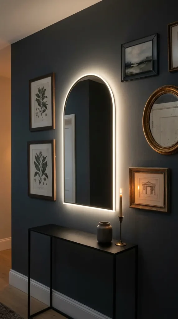 12 Hallway Mirror Ideas Arch LED Backlit Dark Luxury 10 10. Use a Dark Arch LED Mirror in a Dark Maximalist Hallway With Gallery Wall