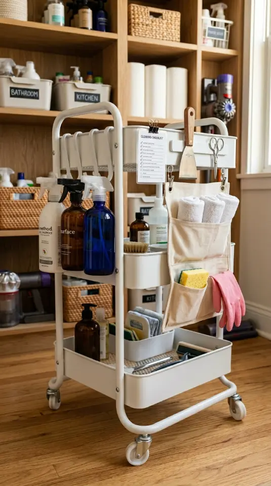 27 Cleaning Closet Organization Tiered Rolling Cart Ideas 10 10. Vertical Space on the Cart — Hooks and Side Storage