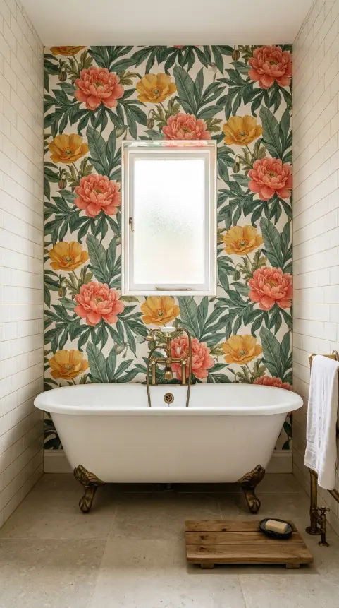 15 Vibrant Floral Wallpaper Accent Wall Room Decor 10 10. Vibrant Floral Wallpaper Accent Wall in the Bathroom — Botanical