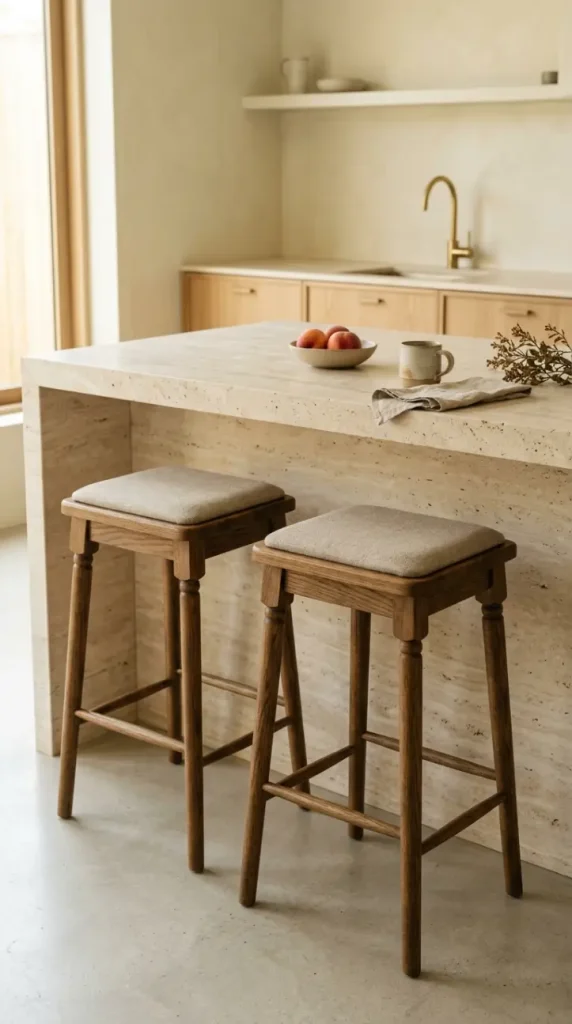 11 Minimalist Luxury Kitchen Quiet Luxury Greige Travertine Warm 10 10. Warm Oak Bar Stools With Linen Seat Pads at the Island