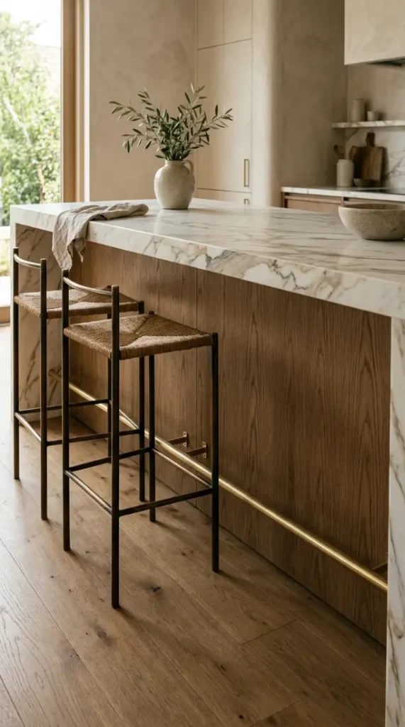 16 Minimalist Luxury Kitchen Sculptural Island Calacatta Stone Brass 10 10. Warm Oak Island Seating Side With Brass Footrest Rail