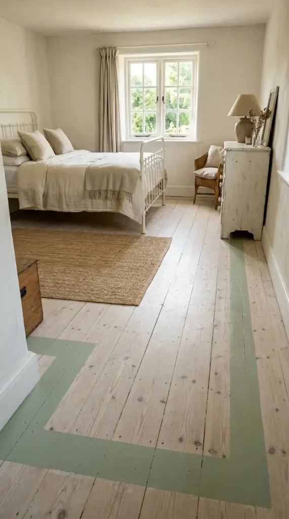 27 Light Wood Flooring for Farmhouse Whitewashed Pine Style 10 10. Whitewashed Pine with Painted Floorboards Border Detail