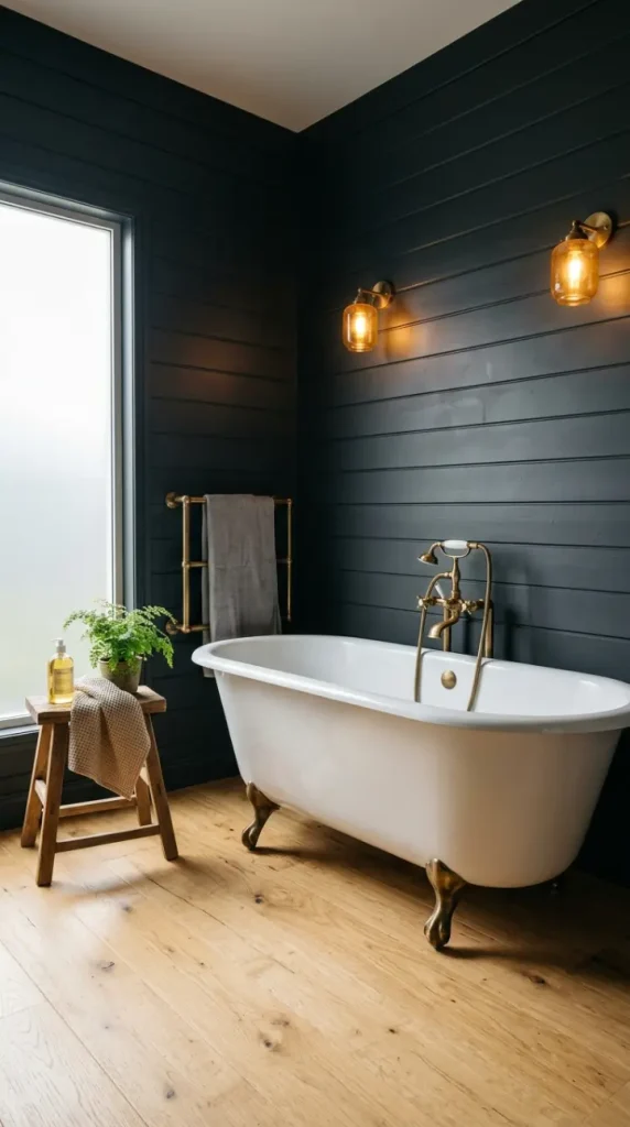 26 Light Wood Flooring for Farmhouse Wire-Brushed Oak Bath 10 10. Wire-Brushed Oak Floor With Dark Painted Shiplap Walls