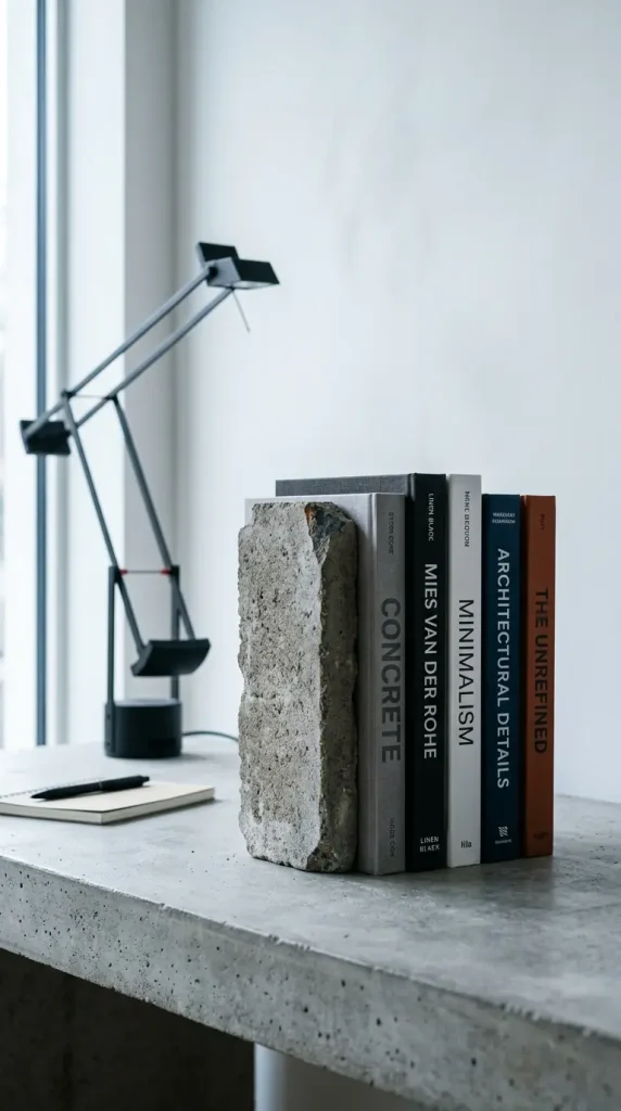 24 Home Office Inspiration Modern Minimal Concrete Steel 11 11. A Concrete Block or Brick as a Deliberate Paperweight and Bookend