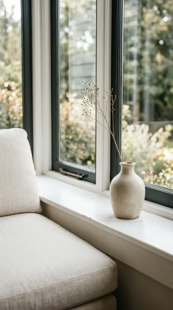 13 Chaise Lounge Reading Nook Cream Linen Window Quiet Luxury 11 11. A Single Ceramic Vase With One Stem on the Sill