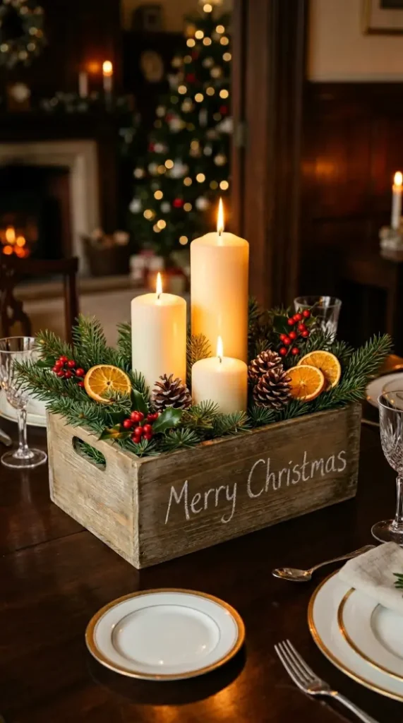 13 Festive Table Decorations Candles Classic Christmas Green 11 11. A Wooden Box or Crate Centerpiece Filled With Candles and Greenery 1