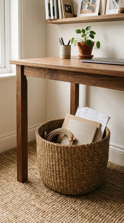 26 Cozy Home Office Warm Wood Linen Neutral Style Ideas 11 11. A Woven Storage Basket Beneath the Desk