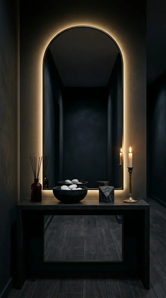12 Hallway Mirror Ideas Arch LED Backlit Dark Luxury 11 11. Add a Dark Luxury Scent Diffuser and Dark Ceramic Objects to the Console Below