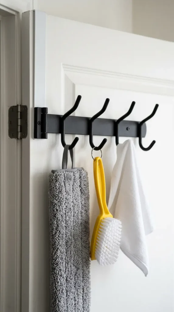 13 Cleaning Closet Organization Door-Mounted Caddy System 11 11. Add a Slim Fold-Out Hook Row for Hanging Long-Handled Tools Temporarily
