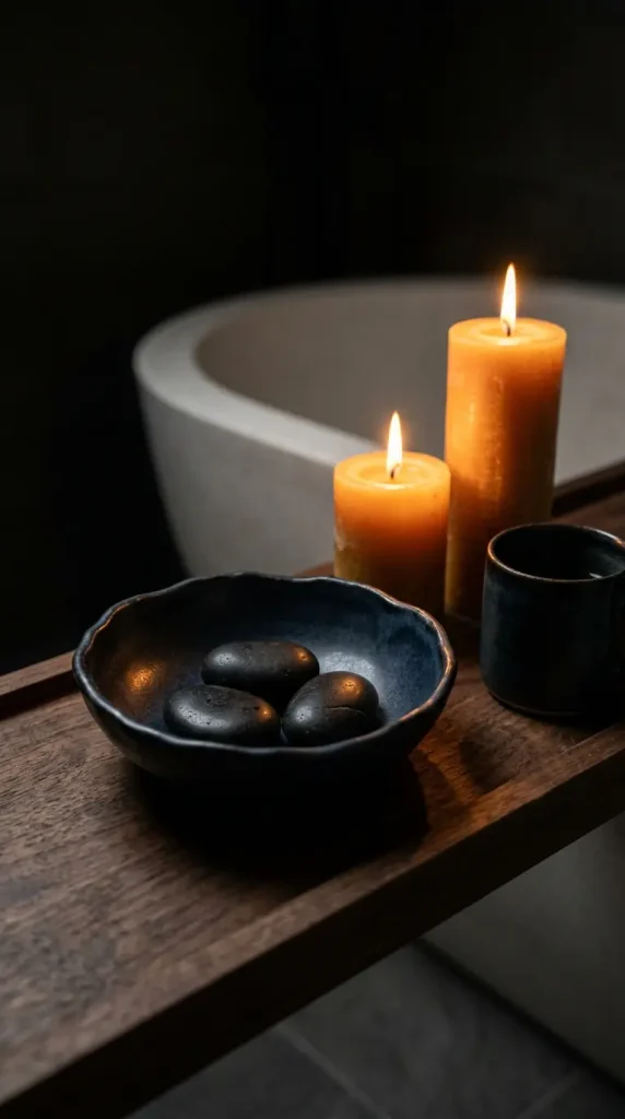 15 Bath Tub Decor Ideas Dark Moody Candlelit Night Soak 11 11. Add a Small Dark Ceramic Ritual Object Bowl to the Tray 2
