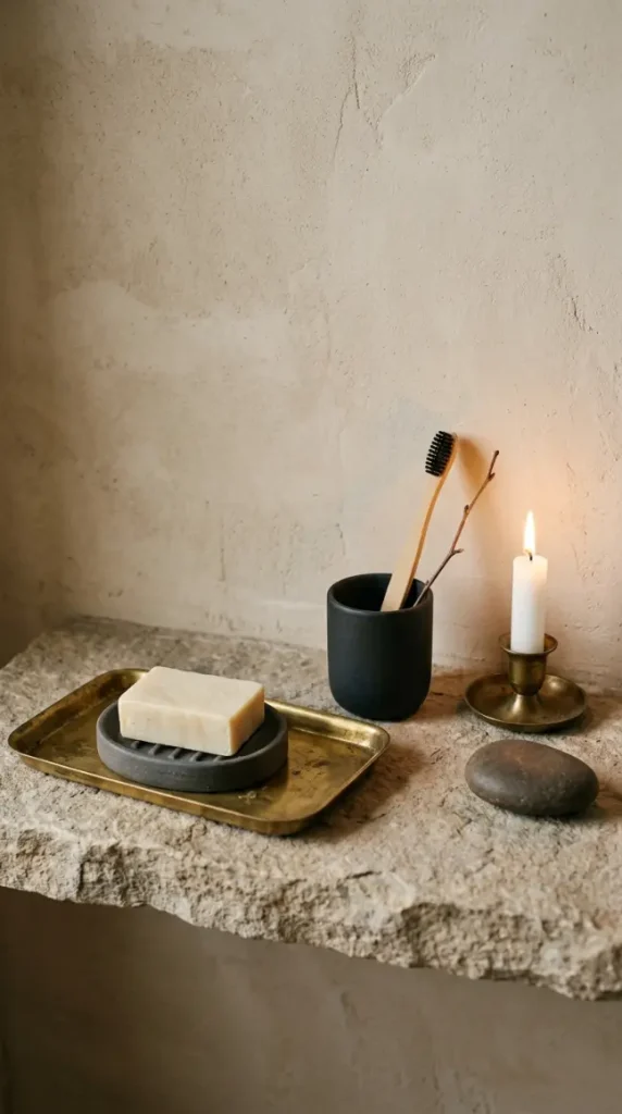 30 Bathroom Plants Decor Japandi Minimal Hinoki Tub Style 11 11. Aged Brass and Dark Ceramic Bathroom Accessory Composition