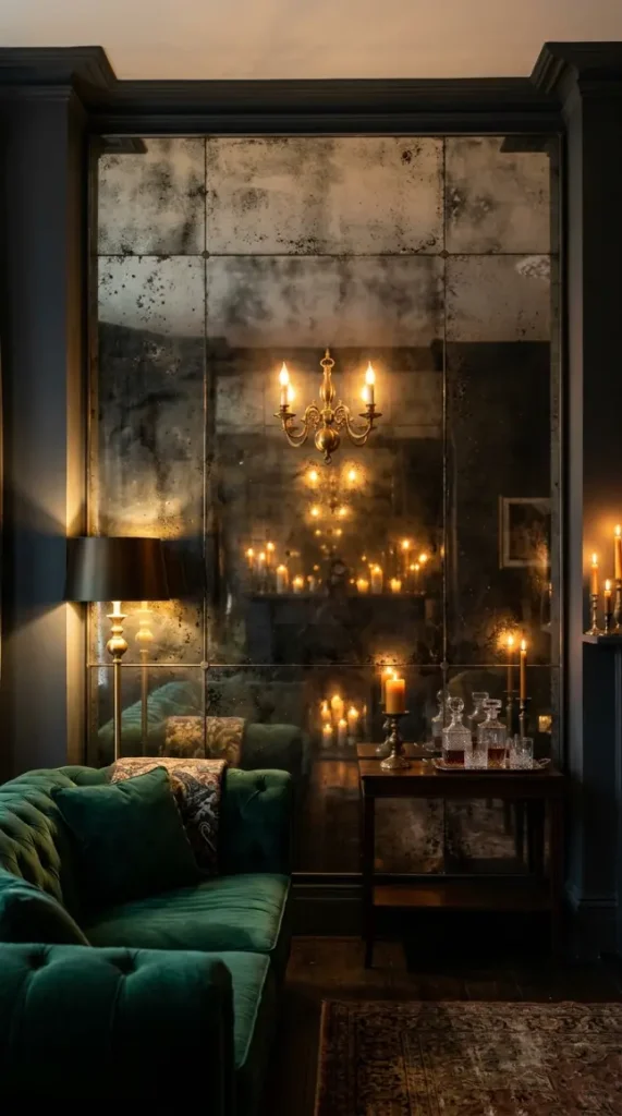 20 Vintage Home Aesthetic Glamouratti Moody Apartment 11 11. Antiqued or Smoked Mirror Panels on One Wall