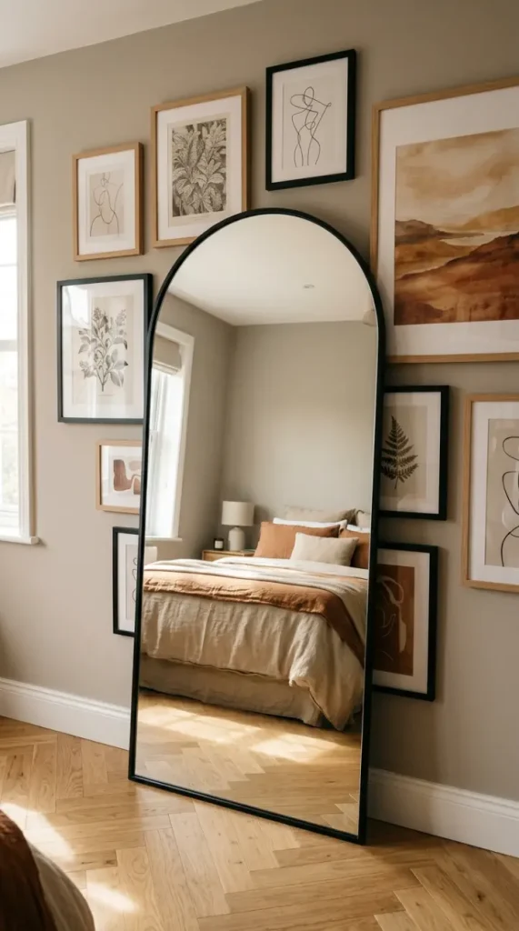 14 Big Mirror in Bedroom Leaning Arch Black Frame Greige 11 11. Arch Mirror Leaned Against Greige Bedroom Gallery Wall