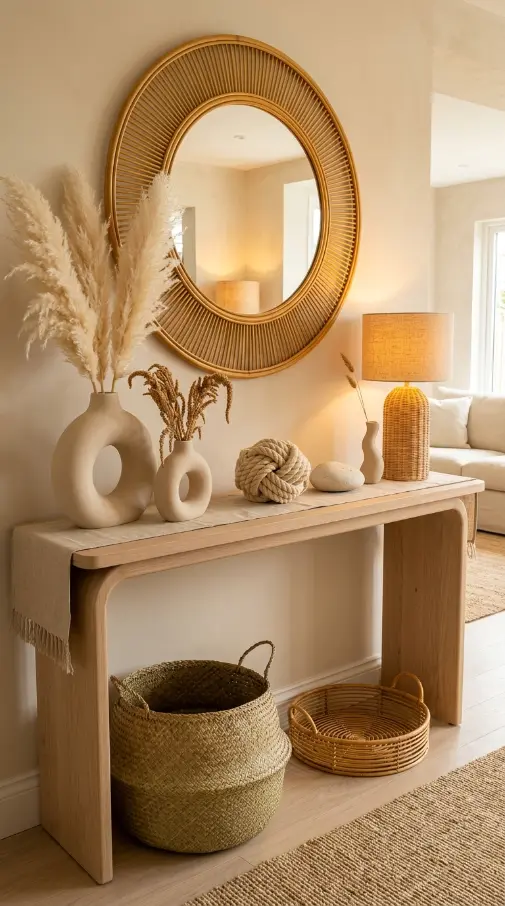 16 Console Table Styling Curved Soft Beige Rope Knot 11 11. Beige Console Styling in a Living Room Setting