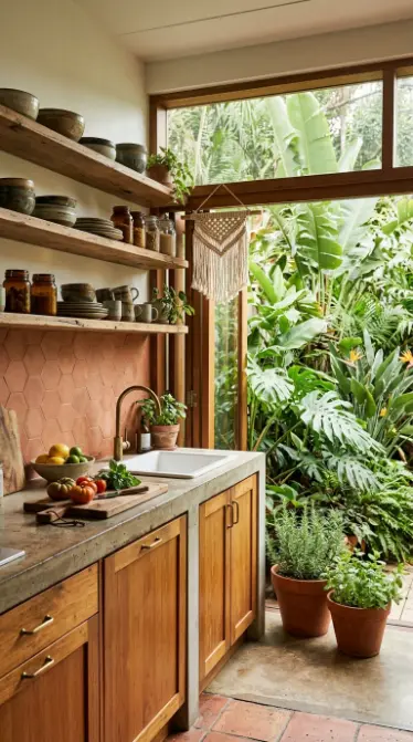 17 Indoor Outdoor Living Boho Macramé Jungle Garden View 11 11. Boho Jungle Kitchen With Open Garden Wall and Macramé Details