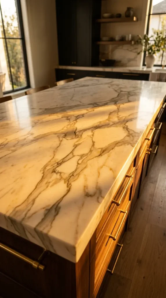 16 Minimalist Luxury Kitchen Sculptural Island Calacatta Stone Brass 11 11. Calacatta Island in Late Afternoon Light
