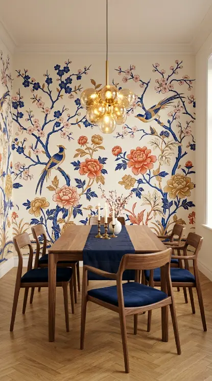 15 Vibrant Floral Wallpaper Accent Wall Room Decor 11 11. Chinoiserie Floral Accent Wall in the Dining Room — Cobalt and Gold on Ivory