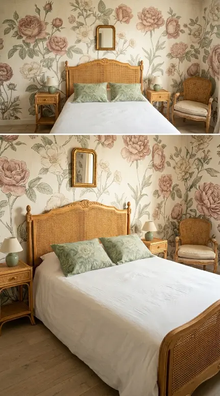 14 Vintage Bedroom Ideas Cane Rattan European Elegant 11 11. Combine Cane Furniture With Antique Botanical Print Wallpaper