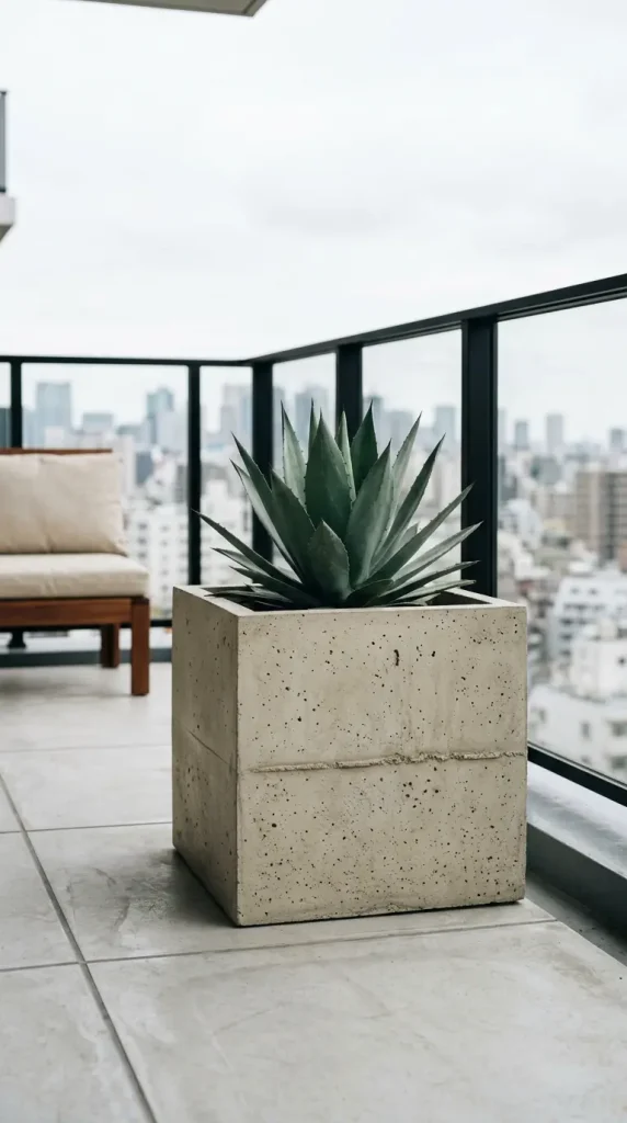 16 Minimal Outdoor Living Space Design for a Small Balcony 11 11. Concrete Planter as Sculptural Object