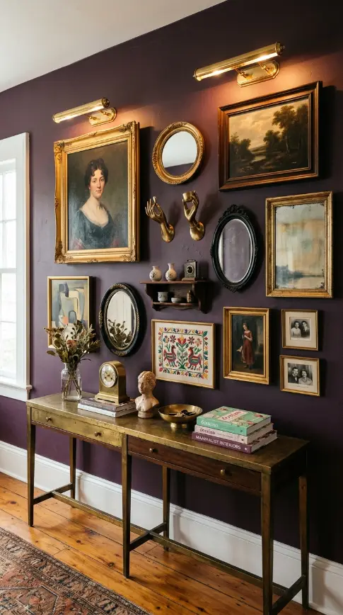 18 Console Table Decor Maximalist Gallery Wall Picture Lights 11 11. Console with Mixed-Media Gallery — Art, Mirrors, and Wall Objects