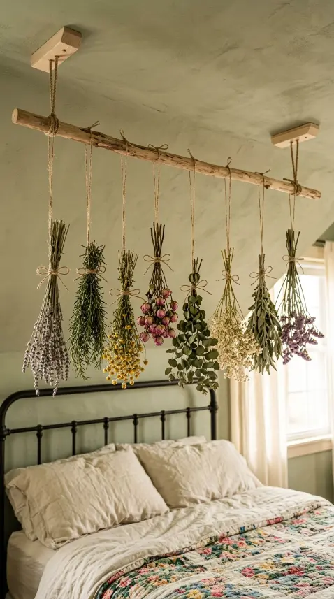 32 Cute Room Ideas for a Dreamy Cottagecore Bedroom 11 11. Cottagecore Ceiling Dried Herb and Flower Bundles