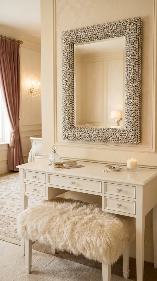 16 Bedazzled Mirror Vanity Crystal Old Hollywood Glam Decor 11 11. Crystal Mirror Mounted Above a Fur Topped Vanity Bench