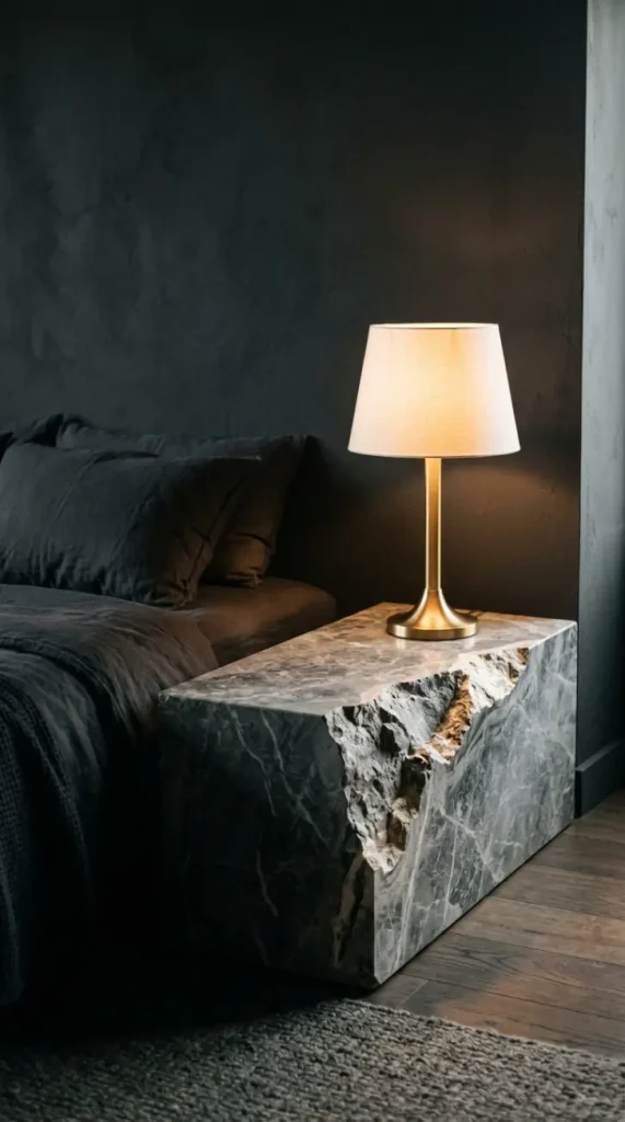 13 Minimalist Luxury Bedroom Dark Moody Charcoal Dramatic Calm 11 11. Dark Bedroom With a Single Raw Edge Marble Nightstand