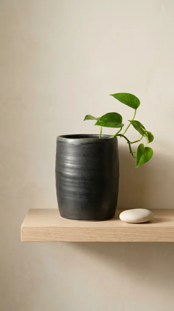 14 Minimal Bathroom Plants Decor Inspiration Small Space 11 11. Dark Ceramic Vessel as the Botanical Object