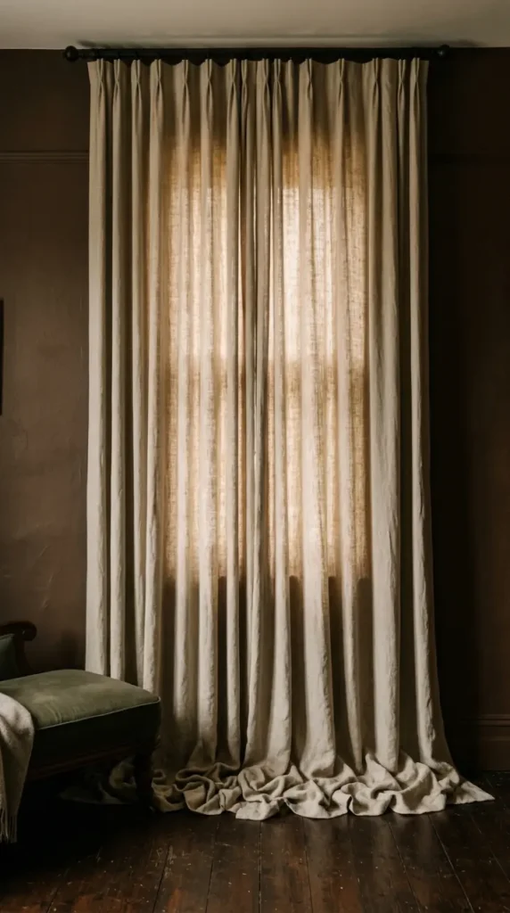 18 Vintage Bedroom Ideas Dark Brown Wood Moody Decor 11 11. Drape Heavy Linen Curtains From Ceiling to Floor