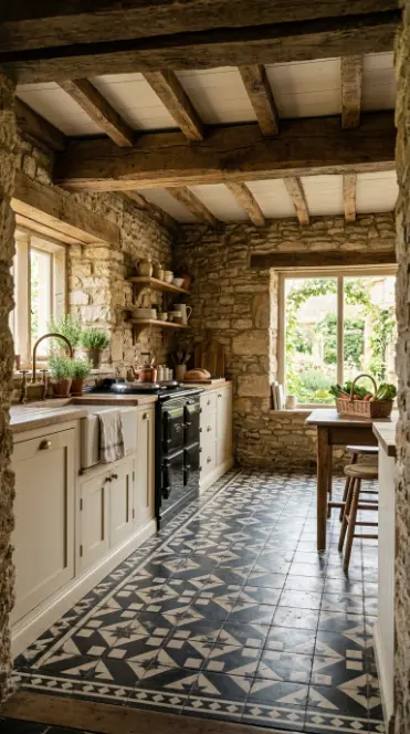 26 Kitchen Flooring Ideas for Farmhouse Black White Encaustic 11 11. Encaustic Floor With Exposed Stone Walls and Timber Beams