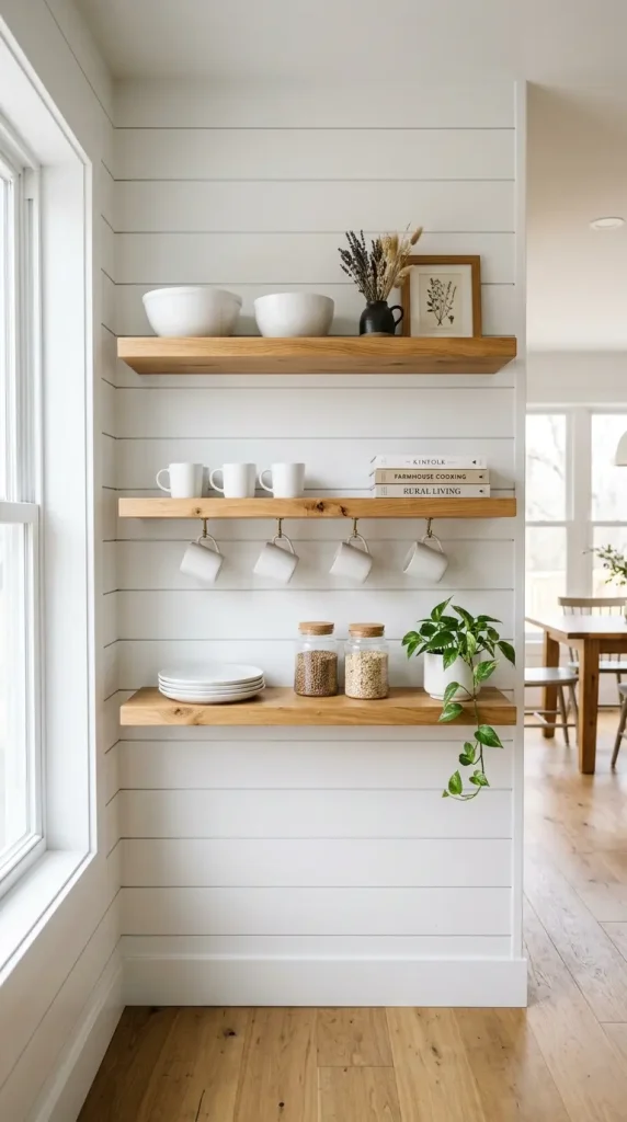 30 Modern Farmhouse Interior Design Seamless Floor Open Plan 11 11. Farmhouse Kitchen Open Shelving — Oak and White