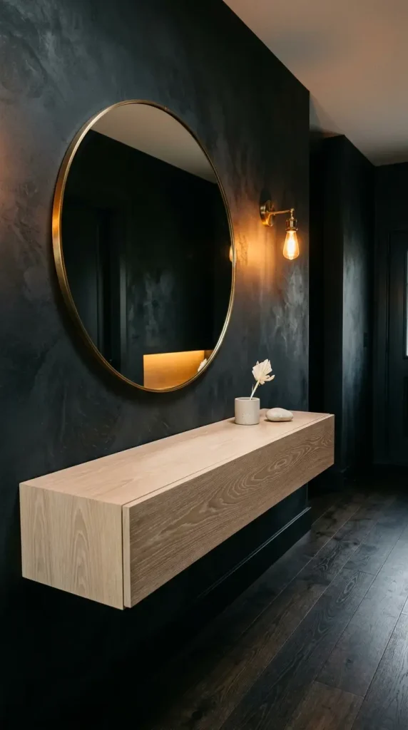 31 Entryway Console Table Ideas Modern Minimal Floating 11 11. Floating Console in a Dark Painted Entryway