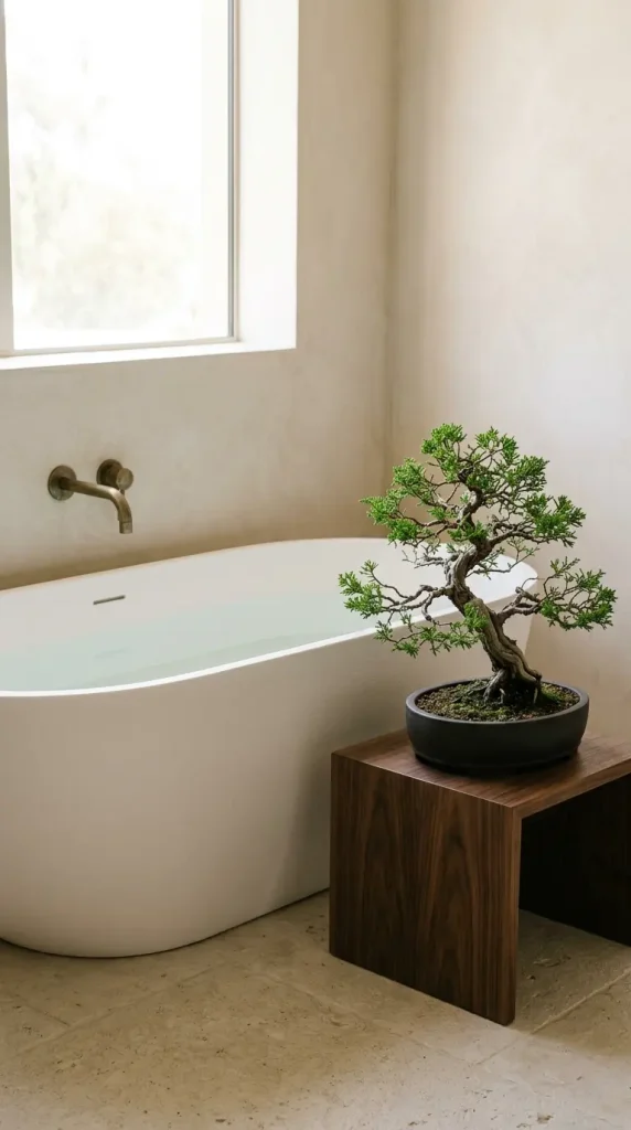 24 Modern Bathroom Plant Aesthetic Japandi Bonsai Minimal 11 11. Freestanding Soaking Tub With a Bonsai Beside It