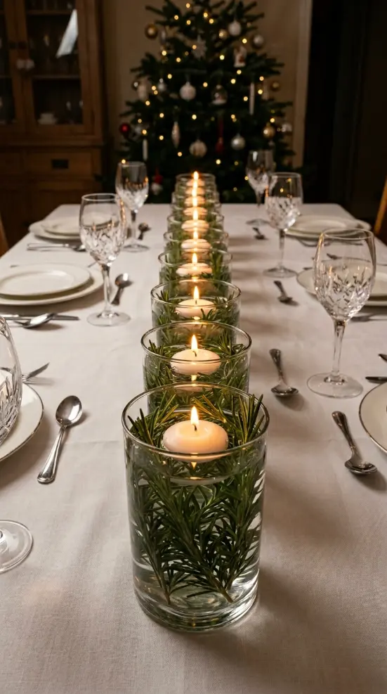13 Festive Table Decorations Candles Floating Glass Ethereal 11 11. Glass Candle Holders Filled With Fresh Rosemary Sprigs and Water