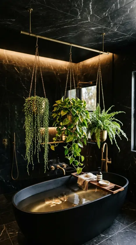 23 Bathroom Plants Decor Luxury Spa Black Marble Style 11 11. Hanging Plants From a Slim Brass Ceiling Rod Above the Bath