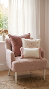 17 Bedroom Aesthetic Romantic Soft Luxe Peony Silk Style 11 11. Layer Blush and Ivory Cushions in Mixed Textures on the Armchair