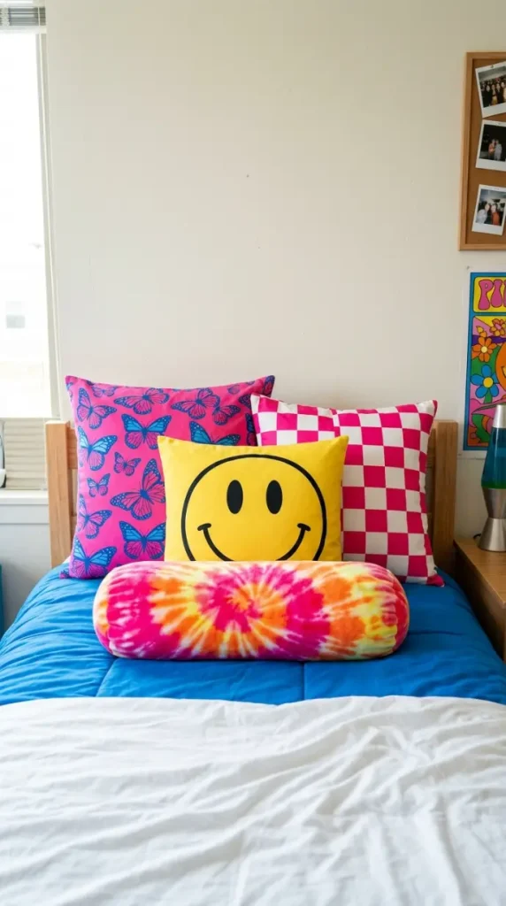 13 Dorm Bed Inspo Y2K Retro Colorful Bold Twin XL Style 11 11. Layered Pillow Heights for Maximalist Dimensional Depth