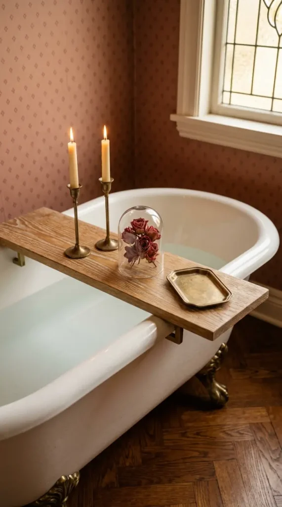 18 Bathtub Caddy Vintage Clawfoot Rustic Wood Floral Brass 11 11. Limed Oak Clawfoot Caddy With Antique Brass Candle Holder and Dried Roses