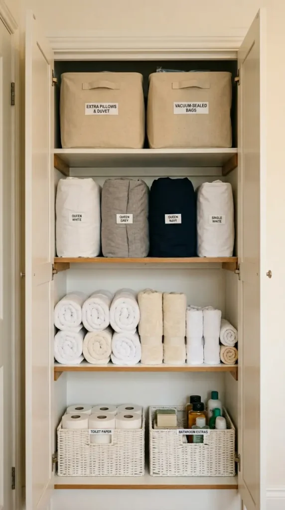 25 Small Storage Closet Organization Tiny Apartment Ideas 11 11. Linen Closet Organization — Folded Sets in Pillowcases