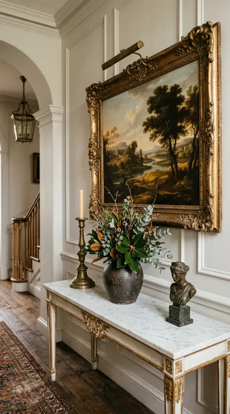 26 Entryway Console Table Ideas Traditional Marble Top 11 11. Marble Top Console With a Vintage Landscape Painting Above Instead of Mirror