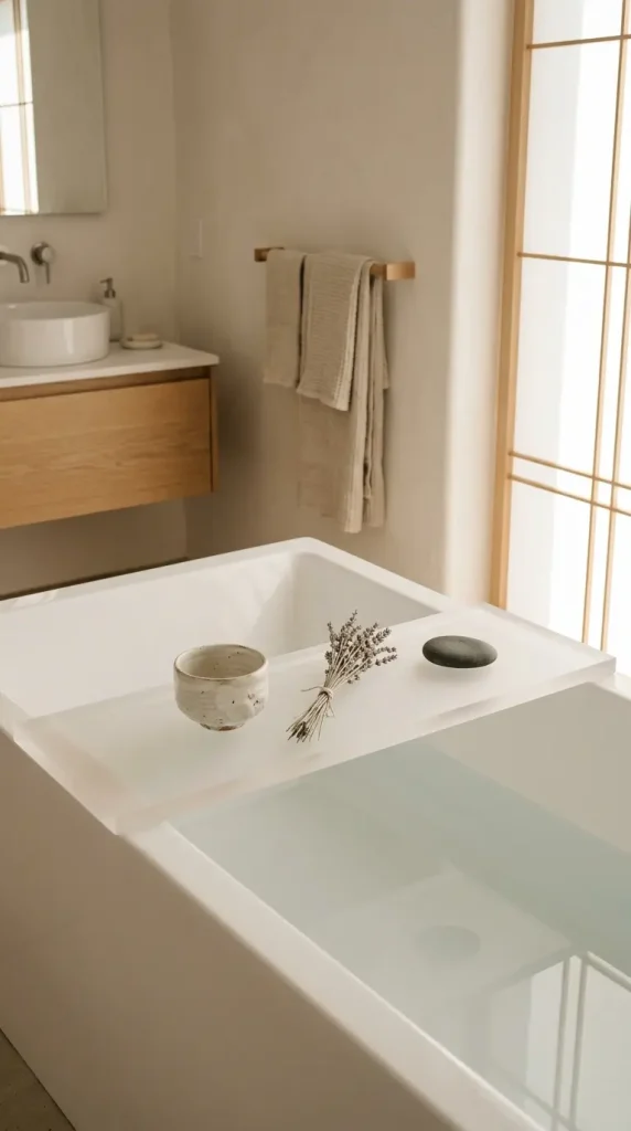 20 Bathtub Tray Clear Acrylic Modern Minimal Floating Look 11 11. Matte Frosted Clear Acrylic Tray for a Japandi Bathroom