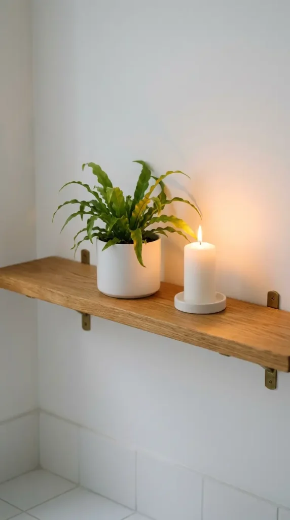 28 Minimal Bathroom Plants Decor Inspiration Oak White Style 11 11. Minimal Oak and White Shelf — Fern and White Candle