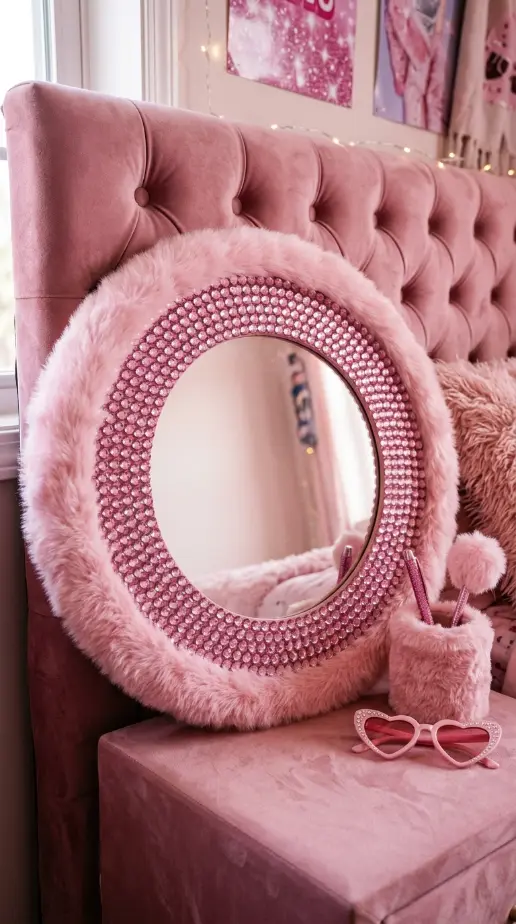 12 Bedazzled Mirror Y2K Rhinestone DIY Pink Glam Bedroom 11 11. Mirror Bedazzled in Rhinestones With a Pink Faux Fur Trim Border
