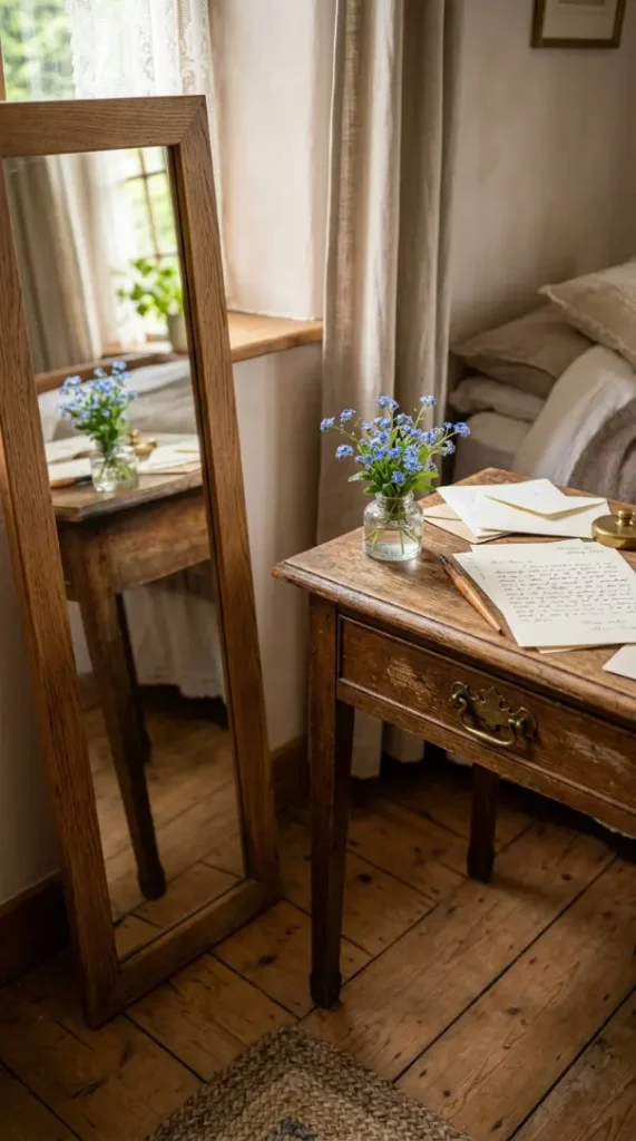 12 Floor Mirror Bedroom Cottagecore Wooden Morning Light 11 11. Mirror Beside a Writing Desk With a Small Posy in an Inkwell Vase