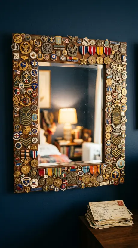 13 Bedazzled Mirror Vintage Jewelry DIY Eclectic Bedroom 11 11. Mirror Frame Bedazzled With Vintage Military and Service Pins
