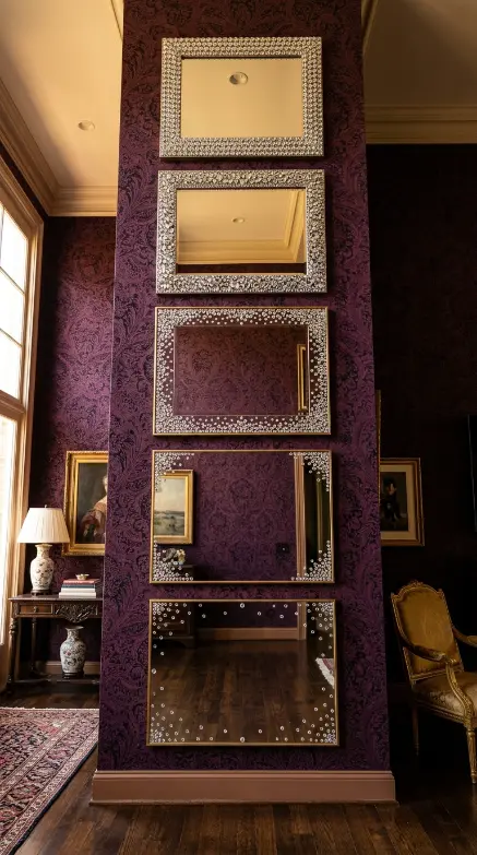 20 Bedazzled Mirror Disco Ball Living Room Maximalist Wall 11 11. Mirror Wall With Rhinestone Studded Frames in a Salon Style Stack