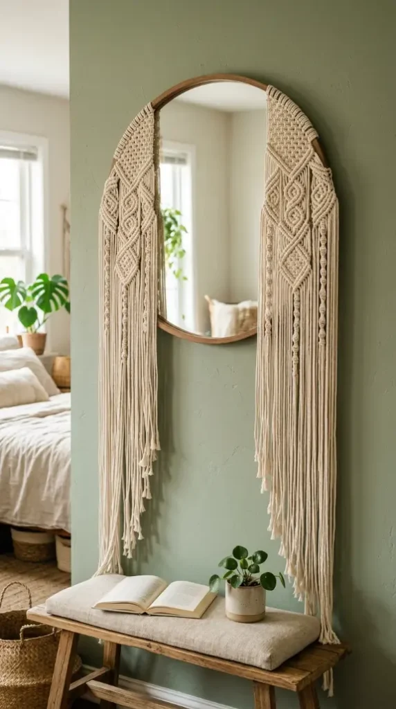 13 Decorated Mirror Boho Macrame DIY Bedroom Earthy Wall 11 11. Mirror With Long Cascading Macrame Side Tails