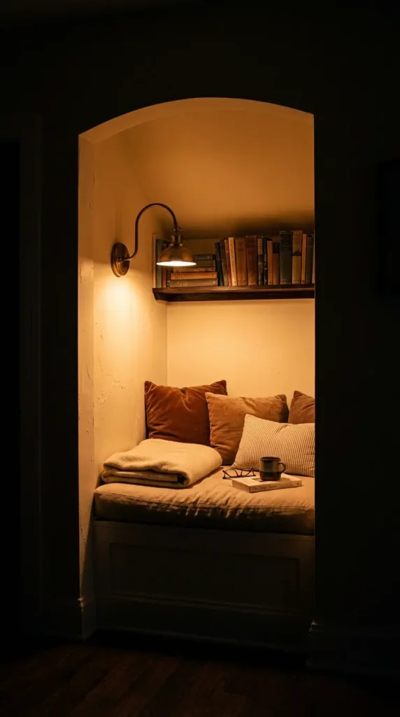 14 Cozy Reading Chair Small Space Nook Built-In Corner Warm 11 11. Nook at Night — Only the Swing Arm Lamp Lit Inside
